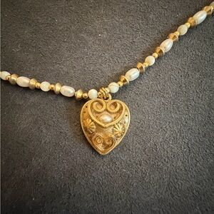 Ornate Gold Heart Necklace with Pearls.